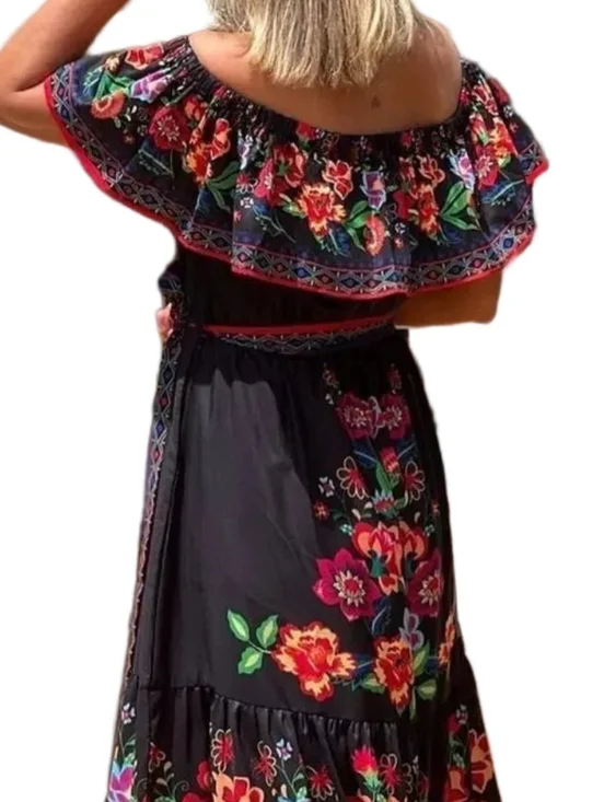 Floral Ruffle Off Shoulder Belted Elastic Waist Retro 70s Tiered Boho Maxi Dress - Picture 5 of 8